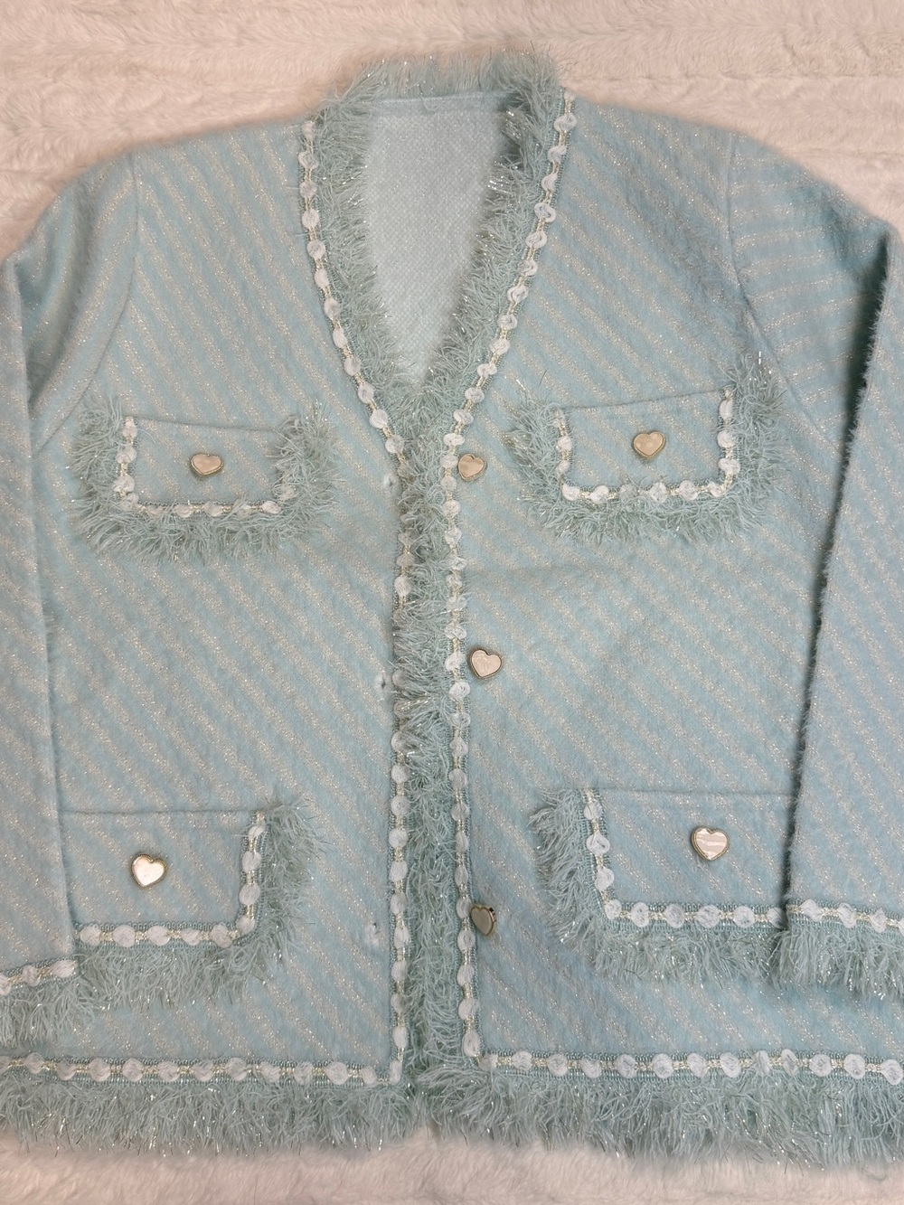 Korean Light Blue Textured Fringe Cardigan with Heart Buttons (Brandnew no tag)